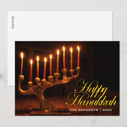 Happy Chanoeka - Verlichte Negen Kaars Menorah Feestdagenkaart (Voorkant / Achterkant)