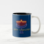 Happy Chanokah koffiekruid en bekertjes Tweekleurige Koffiemok<br><div class="desc">Herinneer Chanoeka met dit opmerkelijke grafische ontwerp dat van menorah tegen een donkerblauwe achtergrond wordt geplaatst om de verlichte kaarsen te benadrukken. Dit product is aanpasbaar, zodat u formuleringen, afbeeldingen en/of logo kunt toevoegen. Voel je vrij om ook het sjabloon afbeelding te herrangschikken, opnieuw te plaatsen of zelfs te vervangen...</div>