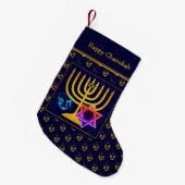 HAPPY CHANUKAH | Dreidel | Menorah | Ster of David Kleine Kerstsok (Voorkant (Hangend))