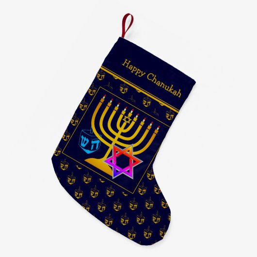 HAPPY CHANUKAH | Dreidel | Menorah | Ster of David Kleine Kerstsok (Voorkant (Hangend))