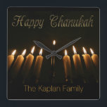 Happy Chanukah Hanukkah Lamp Menorah Light Candles Vierkante Klok<br><div class="desc">Happy Chanukah Hanukkah Lamp Menorah laait het joodse festival van het Lights Celebration Decor Wall Clock met Text,  The Kaplan Family,  je kunt de naam veranderen</div>