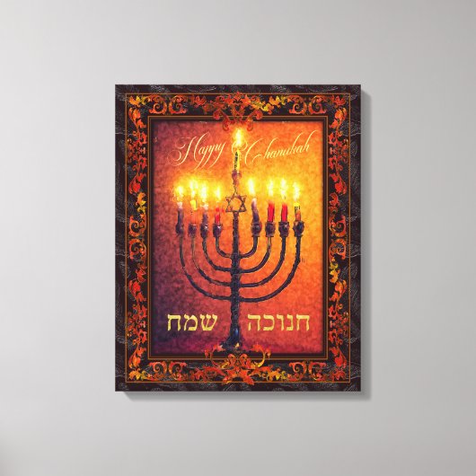 Happy Chanukah Menorah Oranje Red Baroque Painting Canvas Afdruk (Voorkant)
