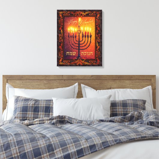 Happy Chanukah Menorah Oranje Red Baroque Painting Canvas Afdruk (Insitu (Slaapkamer))