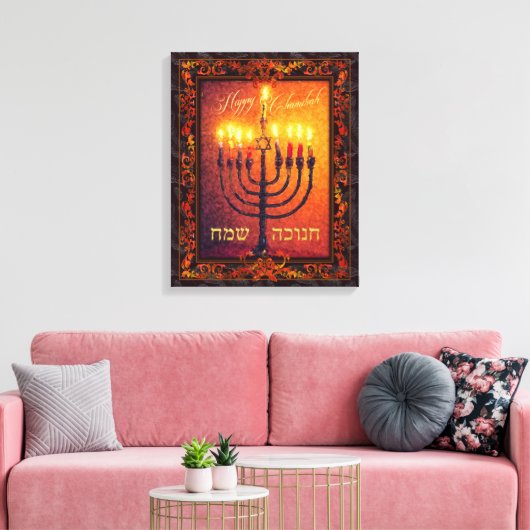 Happy Chanukah Menorah Oranje Red Baroque Painting Canvas Afdruk (Insitu (Woonkamer))