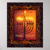 Happy Chanukah Menorah Oranje Red Baroque Painting Poster (Voorkant)