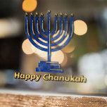 Happy Chanukah Menorah Raamsticker<br><div class="desc">Happy Chanukah sms in goud met een blauwe menorah.</div>