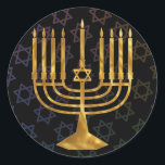 Happy chanukah ronde sticker<br><div class="desc">Illustratie van een menorah met Happy Chanukah-tekst</div>