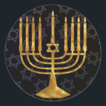 Happy chanukah ronde sticker<br><div class="desc">Illustratie van een menorah met Happy Chanukah-tekst</div>