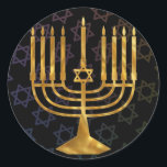 Happy chanukah ronde sticker<br><div class="desc">Illustratie van een menorah met Happy Chanukah-tekst</div>