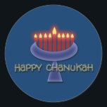 Happy Chanukah stickers<br><div class="desc">Herdenk Chanoeka met dit opvallende menorah grafisch ontwerp op een donkerblauwe achtergrond om de verlichte kaarsen te benadrukken. Dit product is aanpasbaar, zodat u er tekst, afbeeldingen en/of uw logo aan kunt toevoegen. Voel je vrij om ook de grootte te wijzigen, opnieuw te plaatsen of zelfs het sjabloon afbeelding te...</div>