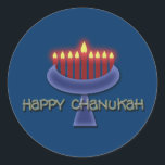 Happy Chanukah stickers<br><div class="desc">Herdenk Chanoeka met dit opvallende menorah grafisch ontwerp op een donkerblauwe achtergrond om de verlichte kaarsen te benadrukken. Dit product is aanpasbaar, zodat u er tekst, afbeeldingen en/of uw logo aan kunt toevoegen. Voel je vrij om ook de grootte te wijzigen, opnieuw te plaatsen of zelfs het sjabloon afbeelding te...</div>