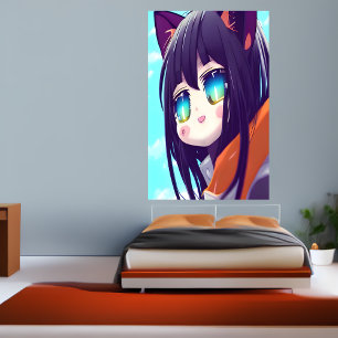 Happy Cheerful Anime cat girl   AI Art Poster