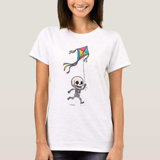 Happy Chibi Skeleton Running with Colorful Kite T-shirt (Voorkant)