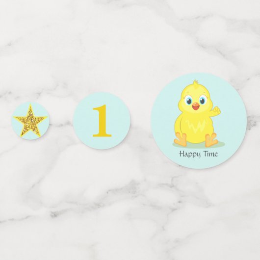 Happy Chick op lichtblauwe tafel Confetti (Achterkanten)