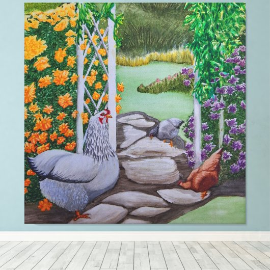 Happy Chicken Park Canvas Afdruk (Insitu (Houten vloer))