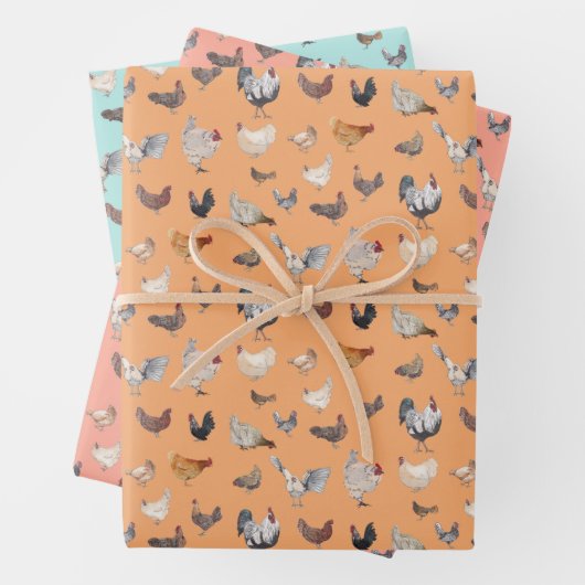 Happy Chickens Wrapping Paper Flat Sheet set van 3 (In situ)