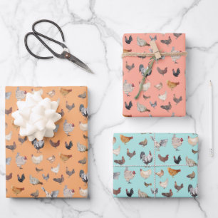 Happy Chickens Wrapping Paper Flat Sheet set van 3