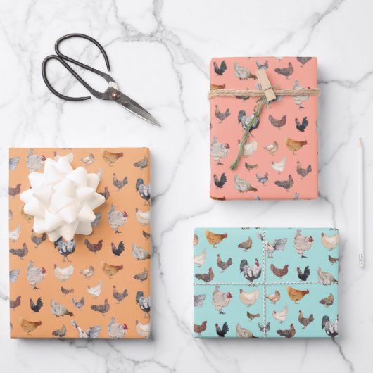 Happy Chickens Wrapping Paper Flat Sheet set van 3 (Voorkant)