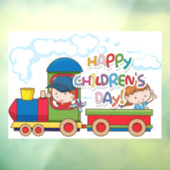 Happy Childrens Day Train and Coach Red Blue Yello Raamsticker (Vel 3)