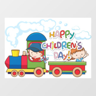 Happy Childrens Day Train and Coach Red Blue Yello Raamsticker