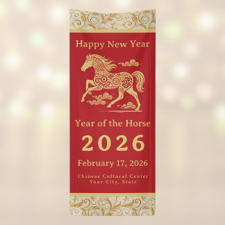 Happy Chinese New Year of Horse Vertical Gold Red  Spandoek