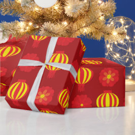 Happy Chinese New Year Yellow Lantern Floral Red Cadeaupapier