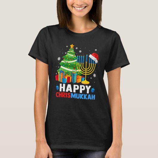 Happy Chrismukkah Christmas Tree Menorah Chanukah T-shirt (Voorkant)