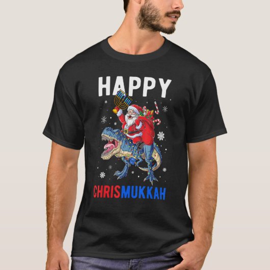 Happy Chrismukkah Dinosaur Santa Claus Christmas H T-shirt (Voorkant)