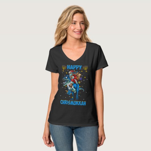 Happy Chrismukkah Hanukkah T Rex kerstjoods T-shirt (Voorkant volledig)