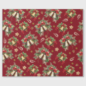 Happy Christmas Bells Holly Berries Pinecones Rood Cadeaupapier (Vlak)