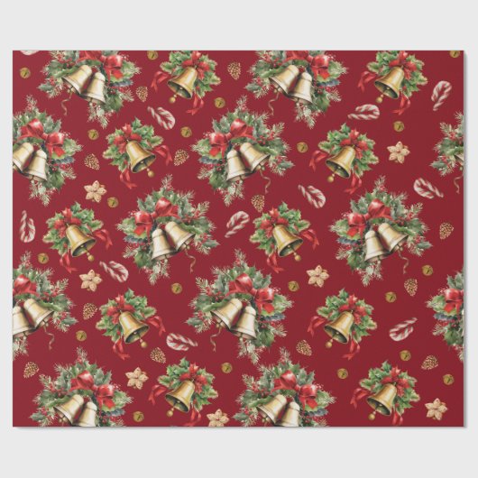 Happy Christmas Bells Holly Berries Pinecones Rood Cadeaupapier (Vlak)