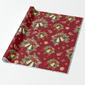 Happy Christmas Bells Holly Berries Pinecones Rood Cadeaupapier (Uitgerold)