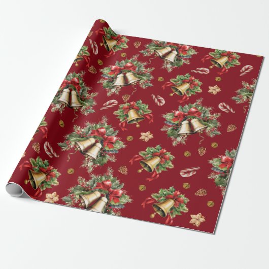 Happy Christmas Bells Holly Berries Pinecones Rood Cadeaupapier (Uitgerold)