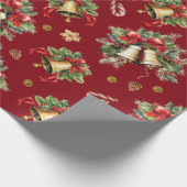 Happy Christmas Bells Holly Berries Pinecones Rood Cadeaupapier (Hoek)