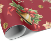 Happy Christmas Bells Holly Berries Pinecones Rood Cadeaupapier (Rol Hoek)