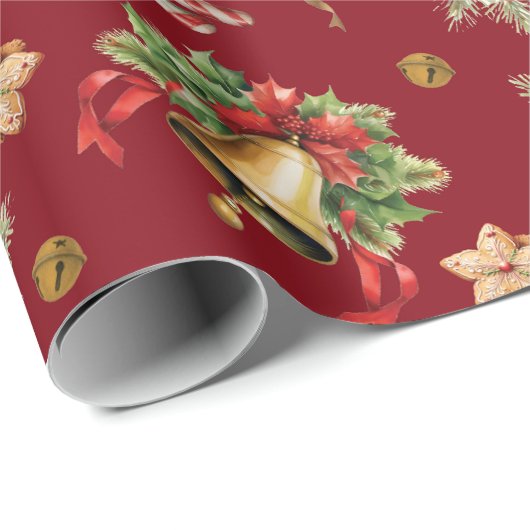 Happy Christmas Bells Holly Berries Pinecones Rood Cadeaupapier (Rol Hoek)