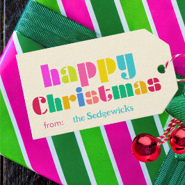 Happy Christmas bold Kleurrijke Gepersonaliseerde  Cadeaulabel