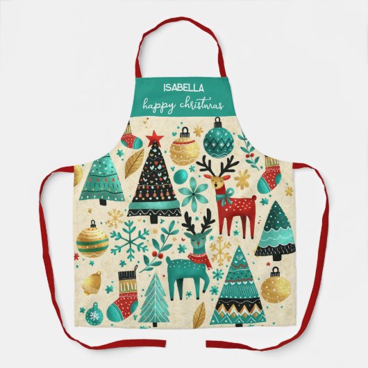 Happy Christmas - Feestelijke Bomen & Rendieren Schort (Voorkant)