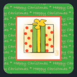 Happy Christmas Gift Box Vierkante Sticker<br><div class="desc">Deze Happy Christmas Gift Box Square Sticker is voorzien van een vrolijke polka-dotted mod kerstpakket verpakt en klaar om toe te voegen aan al uw kerstkaart enveloppen,  pakketten en geschenken. De seizoensgebonden herhalingsboodschap zegt "Gelukkige Kerstmis." Dus,  stuur een beetje Happy dit jaar! (En een vrolijk kerstfeest voor jullie!)</div>