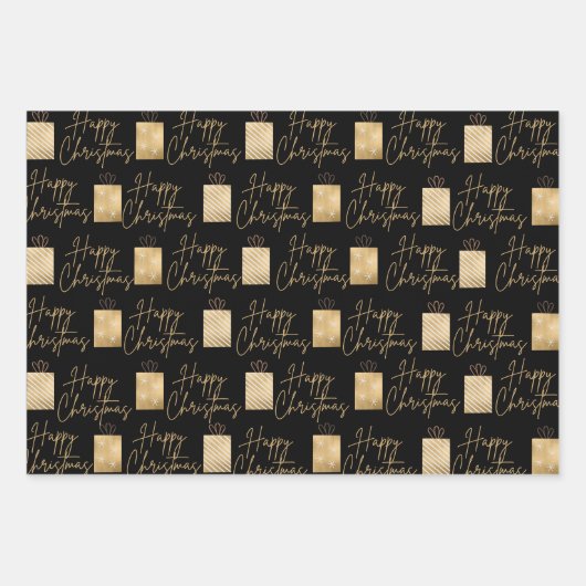 Happy Christmas goud en zwart inpakpapier (Voorkant)