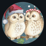HAPPY CHRISTMAS OWL CLASSIC ROUND Sticker<br><div class="desc">HET KARMEREN DE ILLUSTRATIE VAN DE WATERVERF WIJST TWEE OWLS IN VERLIES BIJ CHRISTMAS AAN</div>