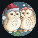 HAPPY CHRISTMAS OWL CLASSIC ROUND Sticker<br><div class="desc">HET KARMEREN DE ILLUSTRATIE VAN DE WATERVERF WIJST TWEE OWLS IN VERLIES BIJ CHRISTMAS AAN</div>