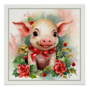 Happy Christmas Piglet Faux Mat Klaar voor Lijst Perfect Poster