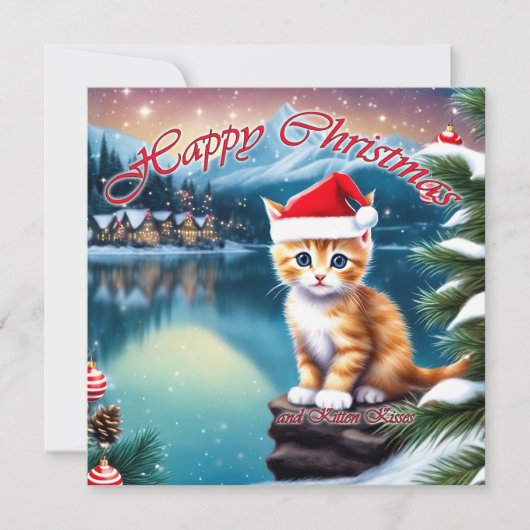 Happy Christmas Schattige Kitten geven Kitten Kiss Feestdagenkaart (Voorkant)
