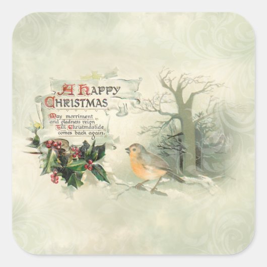  Happy Christmas Scroll, Holly & Kardinaal Vierkante Sticker (Voorkant)