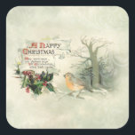 Happy Christmas Scroll, Holly & Kardinaal Vierkante Sticker<br><div class="desc">Elegante  winterscène met kardinaal op een met sneeuw bedekte holly tak met antiek rol en kersttekst met rustieke houtscène op subtiele wervelende wijze groene achtergrond.</div>