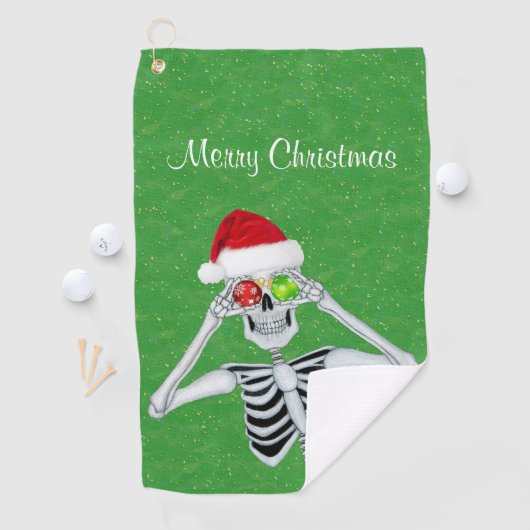 Happy Christmas Skeleton Ornament Eyes Green Gold Golfhanddoek (Insitu)