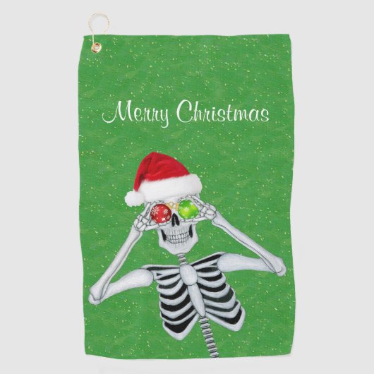 Happy Christmas Skeleton Ornament Eyes Green Gold Golfhanddoek (Voorkant)