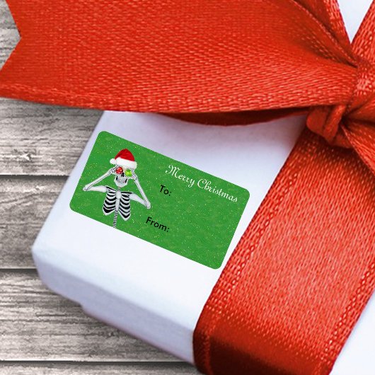 Happy Christmas Skeleton Ornament Eyes Groen goud Etiket