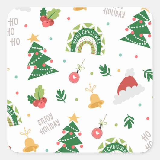 Happy Christmas Tree Ornamenten Decoratiepatroon Vierkante Sticker (Voorkant)